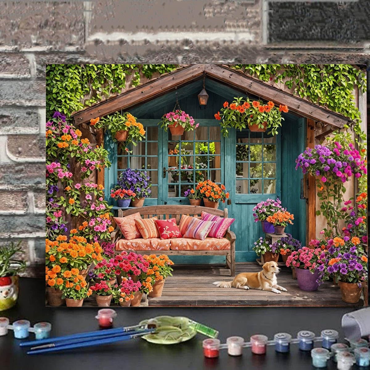 Flower House Paint by Numbers Kit for Adults Garden Adult Paint by Number Kits On Canvas Dog Village Oil Painting Kit for Beginners Adults' Paint-by-Number Kits for Gift Home Wall Decor 16x20 Inch Lovepefe