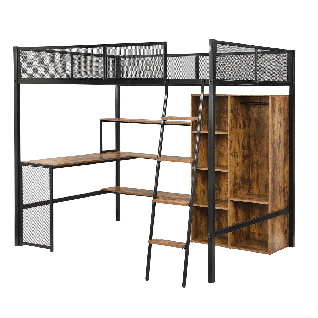 MaiDeHaoo Full Loft Bed with Desk and Storage Loft Bed Full with L Shaped Desk and Cabinet - Black MaiDeHaoo