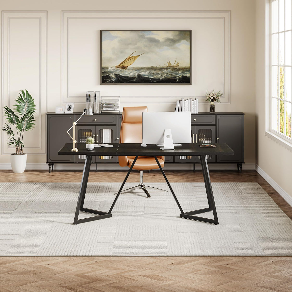 LITTLE TREE 70.86-Inch Conference Table for 8, Black Conference Room Table with Metal Base, Modern 5.9 ft Rectangular Table for Boardroom, Meeting, Conference Room LITTLE TREE