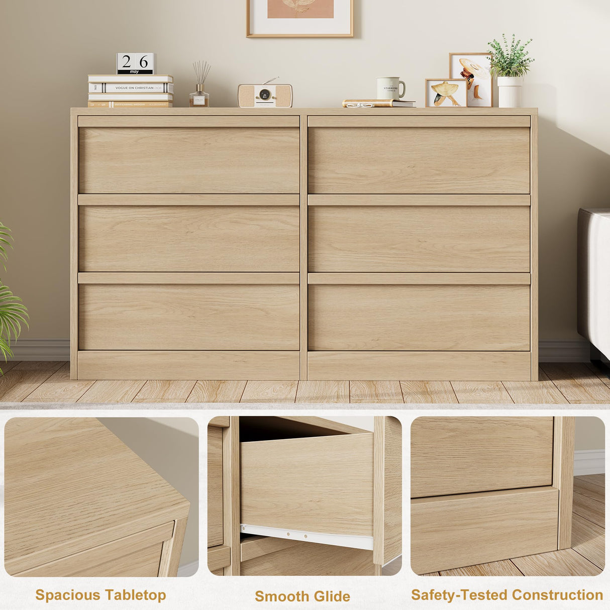 GAOMON 6 Drawer Dresser for Bedroom, Wooden Double Dresser Organizer with Storage Freestanding, Modern Chest of Drawers for Bedroom, Living Room, Nursery - Natural GAOMON