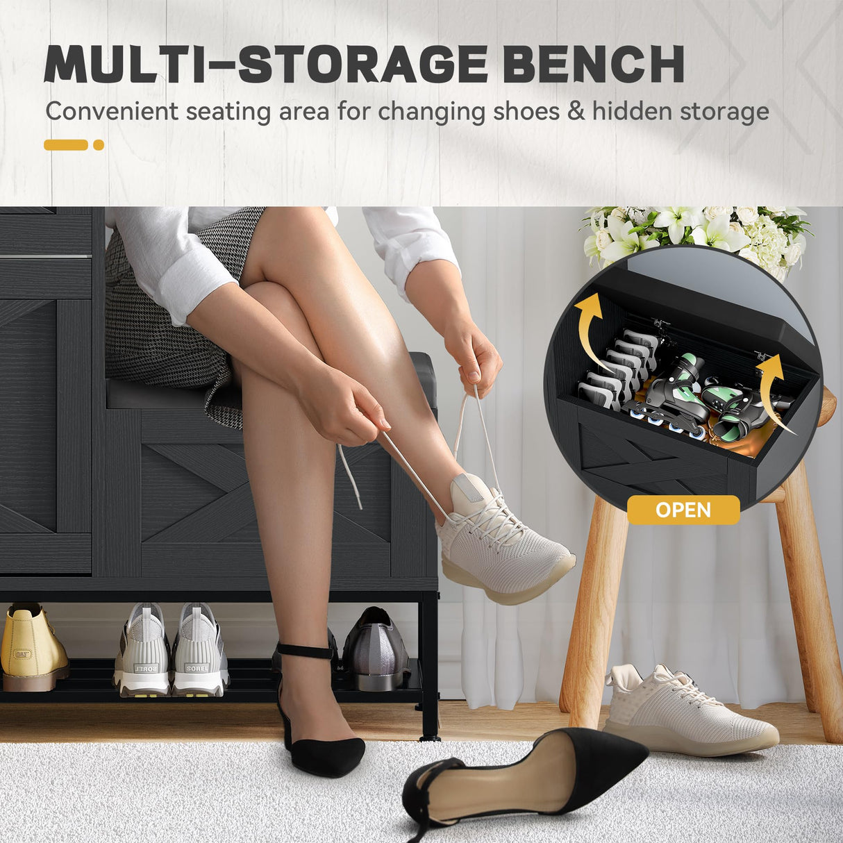 DWVO Farmhouse Shoe Cabinet, Slim Shoe Storage Cabinet with Bench, Narrow Shoe Organizer for Entryway, Living Room, Hallway (Black) DWVO