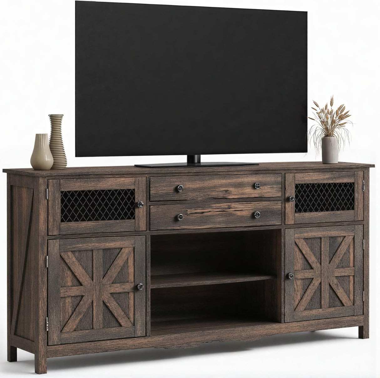 YITAHOME Farmhouse TV Stand for TVs up to 65", Entertainment Center with 2 Large Drawers & Visual Grid Door, 59" Rustic TV Consoles for Living Room, TV Media Console, Dark Rustic Oak YITAHOME