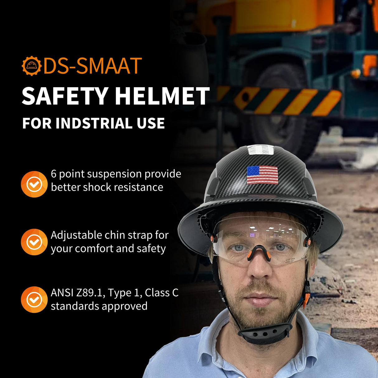 DS-SMAAT Full Brim Construction Hard Hat with Visor, 6-Point Ratchet Suspension Safety Helmet,Superior Impact Head Protection for Industry Use,ANSI Z89.1&OSHA Approved,Both for Men&Women(Matte Black) DS-SMAAT