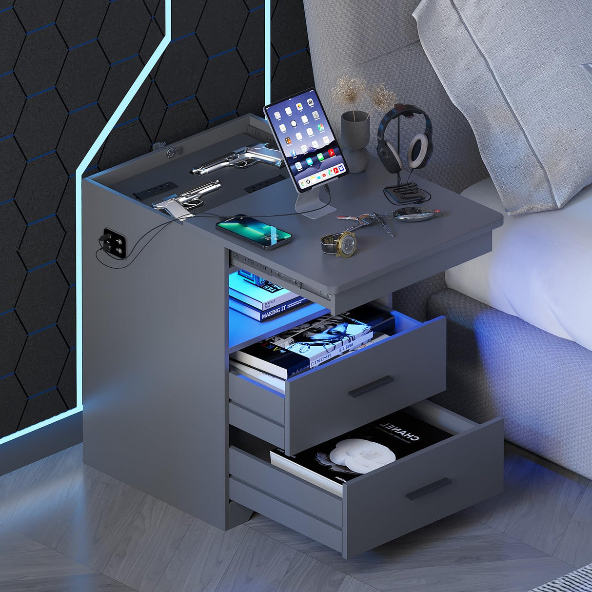 Gurexl LED Nightstand with Gun Drawer, Modern Beside Table with Charging Station, Auto Sensor 3 Color Dimmable Night Stand with Open Compartment for Bedroom (Grey) Gurexl