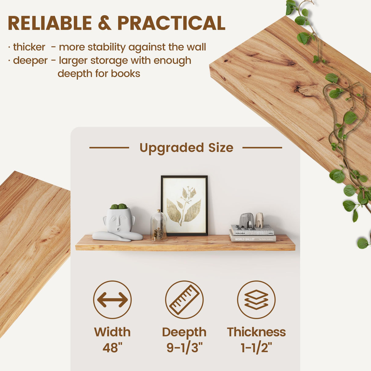 Rustic Elm Wood Floating Shelf for Wall, Live Edge 48"W x 9.3"D x 1.5"H, 1 Pack with Invisible Bracket, Large Wall Mounted Storage Shelf for Living Room Bedroom Kitchen Bathroom Decor, Natural Venusmiles