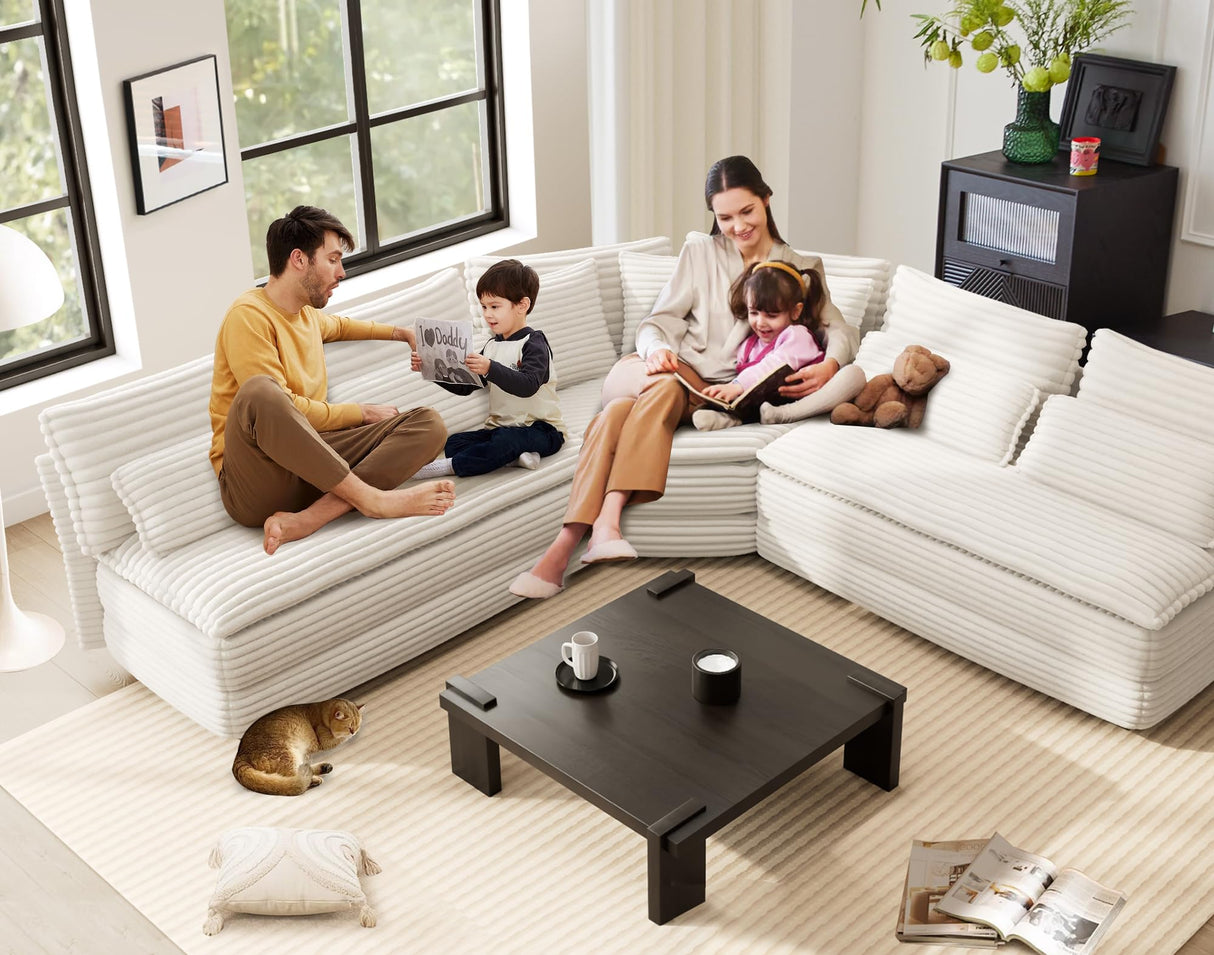 GRAINLLE 103'' L Shaped Corner Sectional Sofa,5-Seater Cloud Corner Couch with Pillows, Large Comfy Corduroy L Couch for Living Room,Apartment,Bedroom (White) GRAINLLE