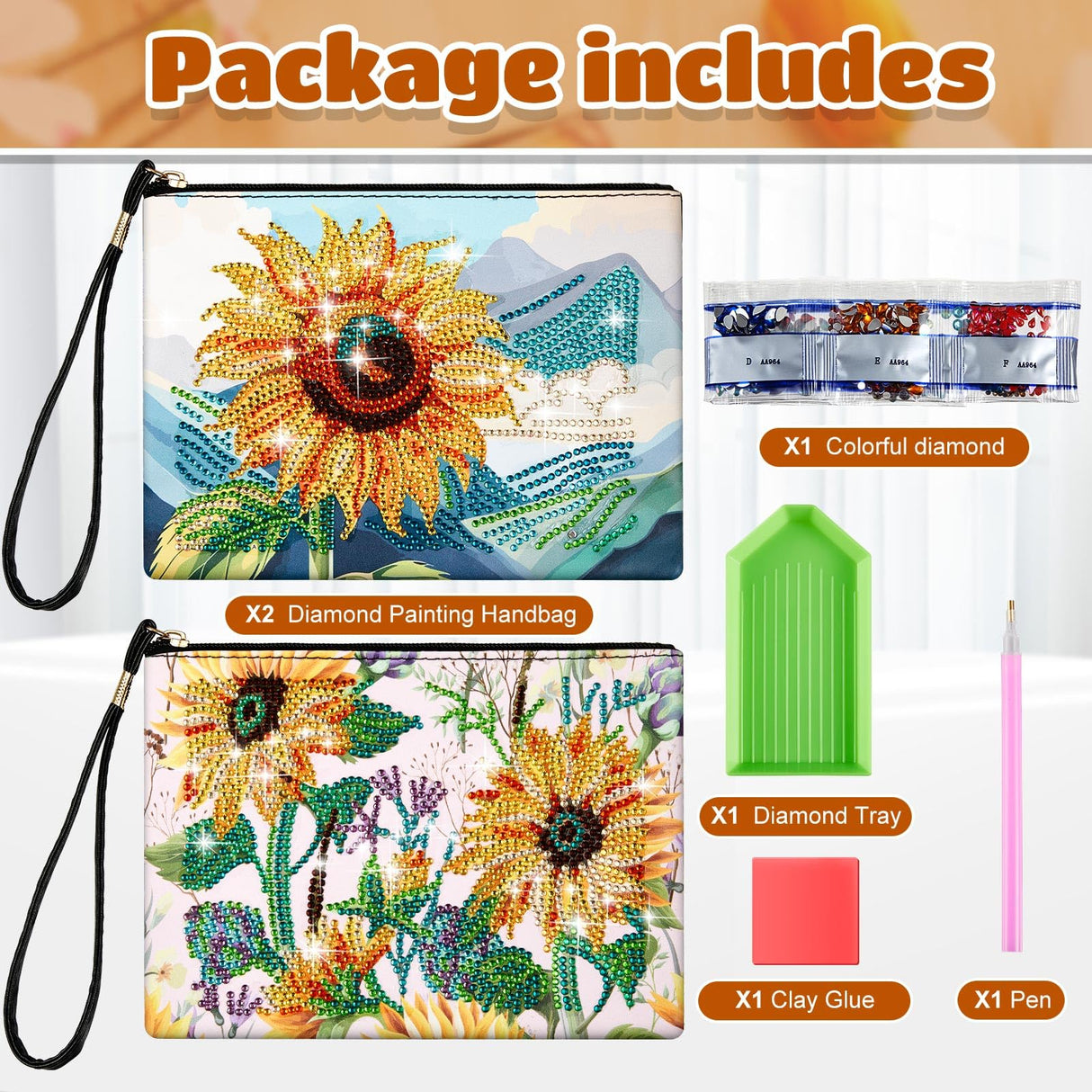 Geyoga 2 Pieces DIY Diamond Painting Purses 5D DIY Diamond Painting Handbag Diamond Art Wristlet Clutch Bag for Women Girls Art Craft Makeup Gift (Sunflower) Geyoga