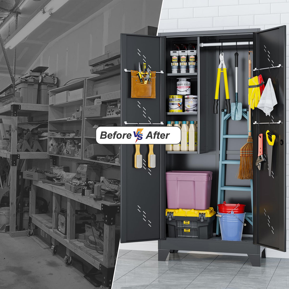 LyAosdFu Storage Cabinet, 75"H x 33.8"W x 16.5"D, Large Garage Cabinets with Lockable Doors, Metal Kitchen Pantry with Large Space at The Bottom, Utility Closet Ideal for Laundry Room, Bathroom,Office LyAosdFu