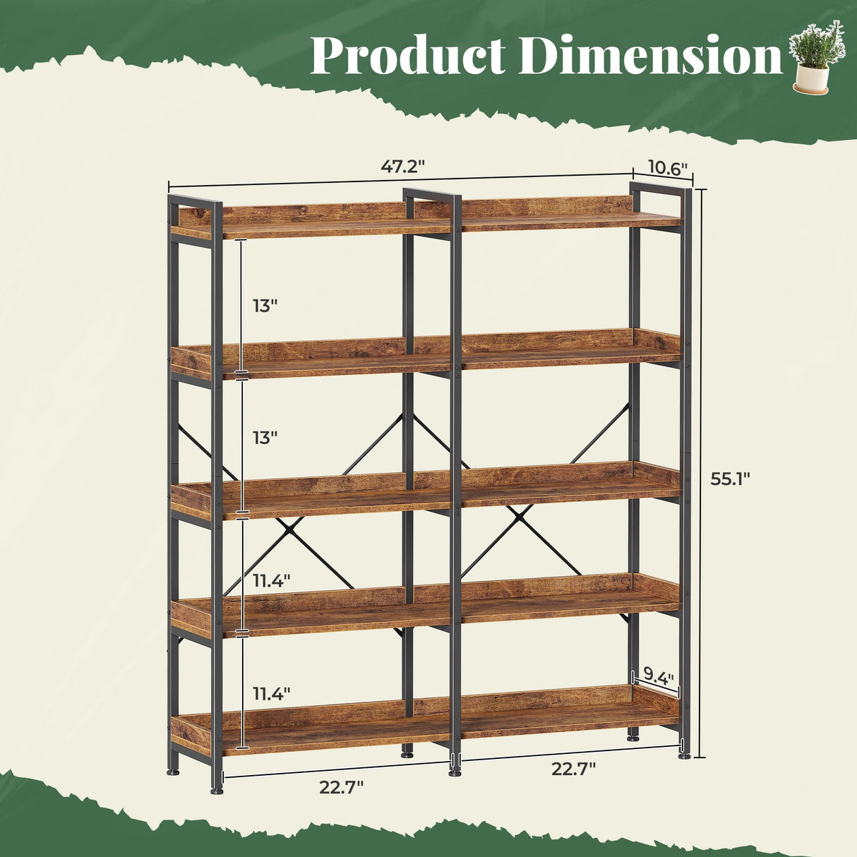 Huuger 5 Tier Bookshelf, Display Bookshelf with 10 Open Shelves and Raised Baffle, 47.2 Inch Straight Wide Bookcase with Metal Frame and Wooden Board, Adjustable Feet, Rustic Brown Huuger