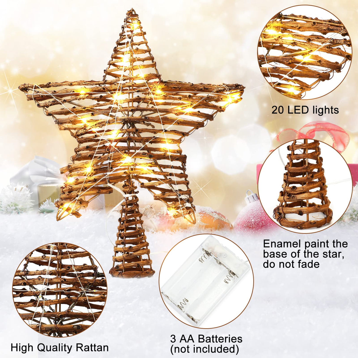 Christmas Rattan Star Treetop,14 Inch Rattan Natural Burlap Star Tree Topper with 20 Warm Lights Rustic Boho Treetop Decoration Xmas Star Treetop for Christmas Tree Ornament Holiday Party Indoor Home Threan