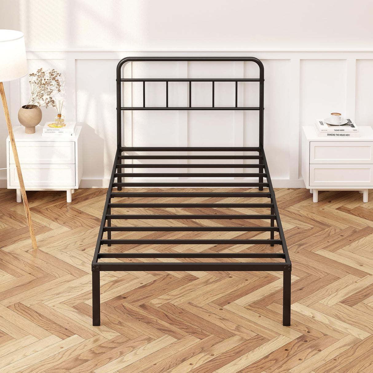 Kujielan 12 inches Twin Size Bed Frame with Minimalist headboard,Metal Platform Base with Strong Metal Slats,Mattress Foundation for Under Bed Storage,Easy Assembly,Black Kujielan