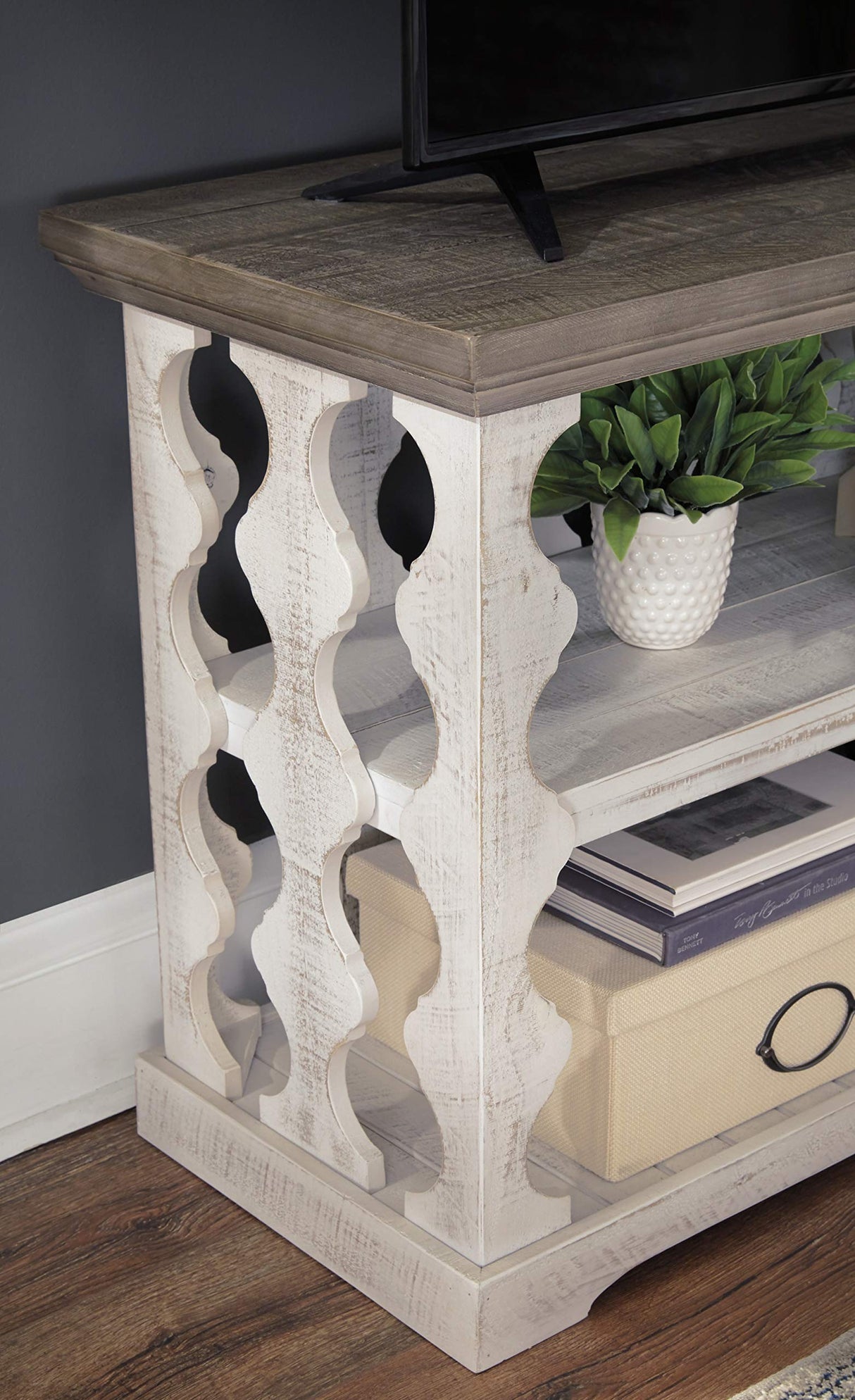 Signature Design by Ashley Havalance Farmhouse Sofa Table with 2 Fixed Storage Shelves, Gray & White with Weathered Finish Signature Design by Ashley