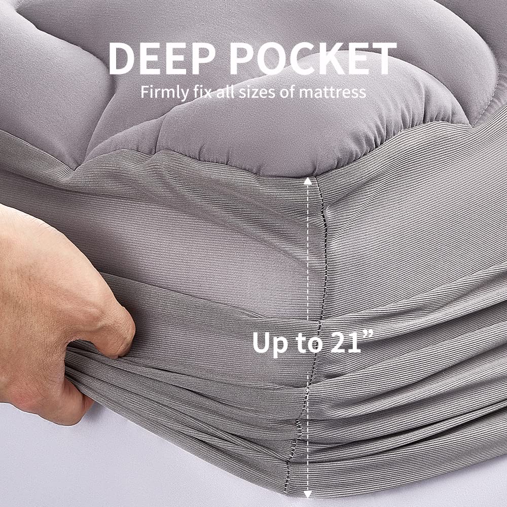 SLEEP ZONE Mattress Topper Twin, Cooling Mattress Pad, Quilted Fitted Mattress Cover, Machine Washable Mattress Protector, Soft Fluffy Down Alternative, Deep Pocket 8~21 inch (Grey, Twin) SLEEP ZONE