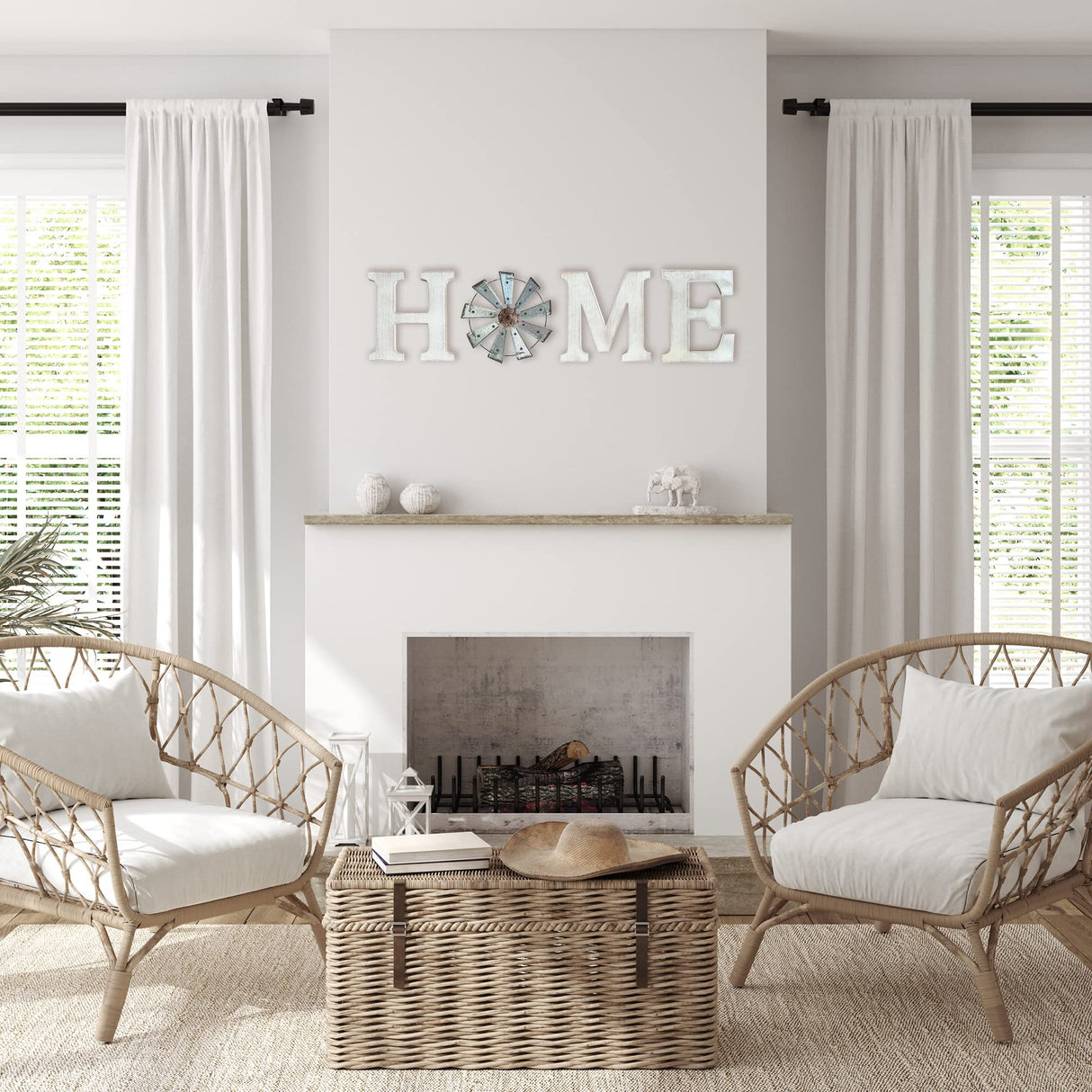 Farmhouse Wall Decor – Home Letters Sign with Rustic Metal Windmill & White Wood – Country Wall Hanging for Living Room or Kitchen Back Trail Decor