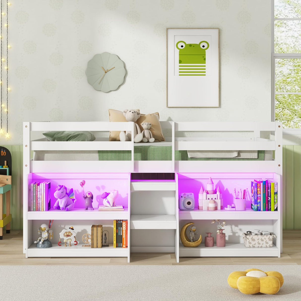 Giantex White Low Loft Bed with LED Lights, Bookcase, Storage, and Staircase for Kids Giantex