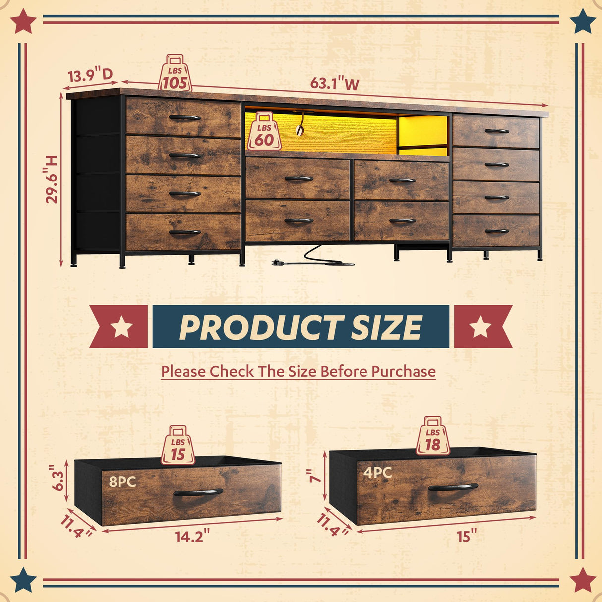 63" Long Dresser for Bedroom with 12 Fabric Drawers Entertainment Center with LED Lights & Power Outlets TV Stand for 70 Inch TV, Organizer for Bedroom, Rustic Brown Romorgniz