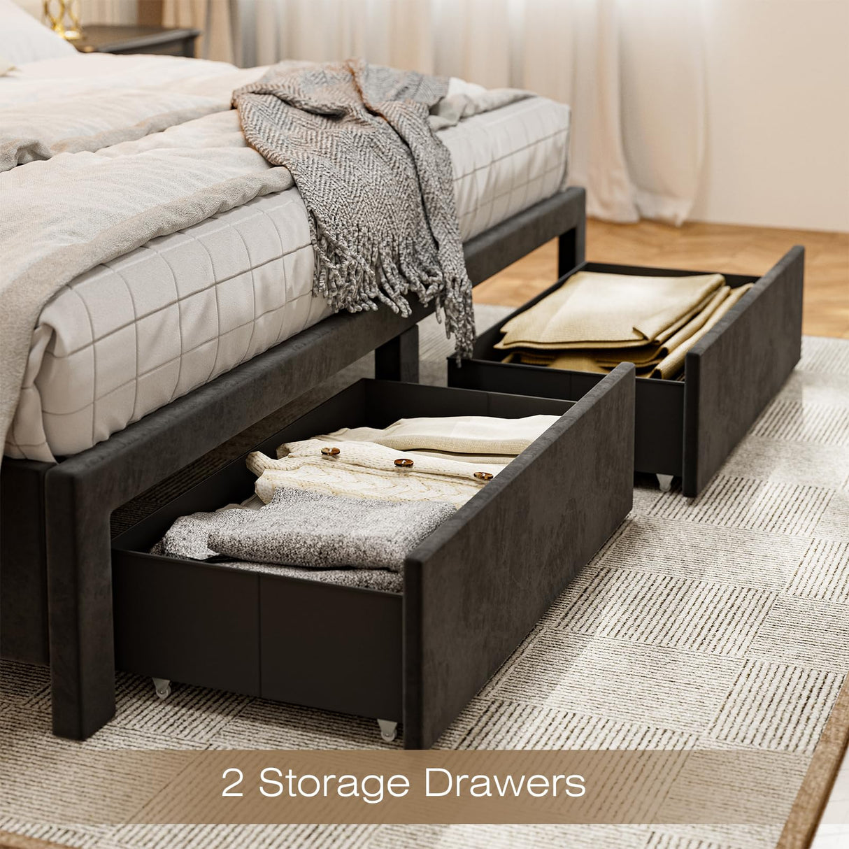 CIKUNASI Upholstered King Size Bed with Headboard and Storage, 60" Tall with 2 Drawers, Tufted Wingback Bed LED Light, Charging Station, No Box Spring Needed CIKUNASI