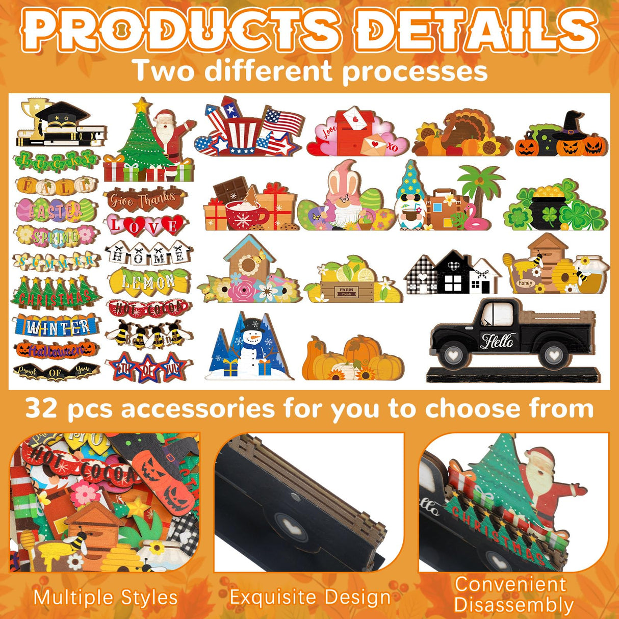 Anglechic 34 Pcs Small Interchangeable Christmas Truck Decor Holiday Seasonal Sign Farmhouse Rustic Wooden Tier Tray Decoration Home Office Desk Welcome Ornament Thanksgiving Gift Anglechic