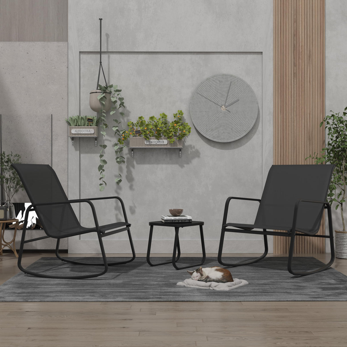 Ainfox 3 Piece Patio Furniture Set, All Weather Textile Outdoor Conversation Set with Rocking Bistro Chairs and Table, Small Patio Bistro Set for Backyard, Lawn, Garden, Poolside (Black) Ainfox