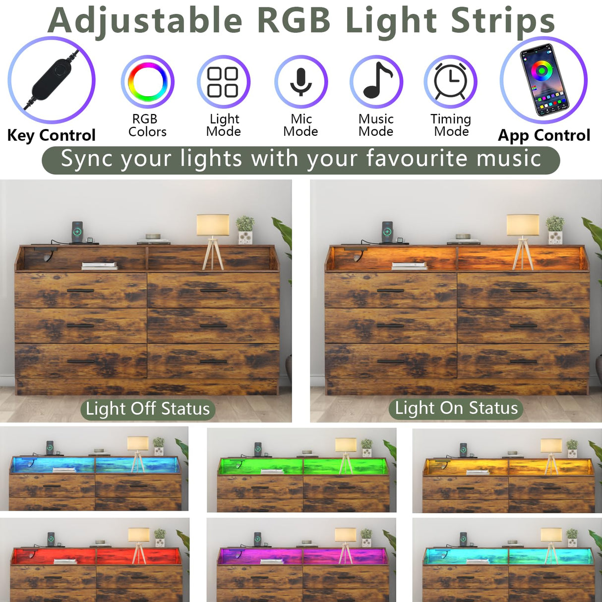 Gyfimoie 6 Drawer Dresser with Power Outlet, Chest of Drawers with LED Light, Modern Dresser with Open Storage Cubby, Double Wide Dresser Organizer for Bedroom, Living Room, Entryway, Hallway Gyfimoie