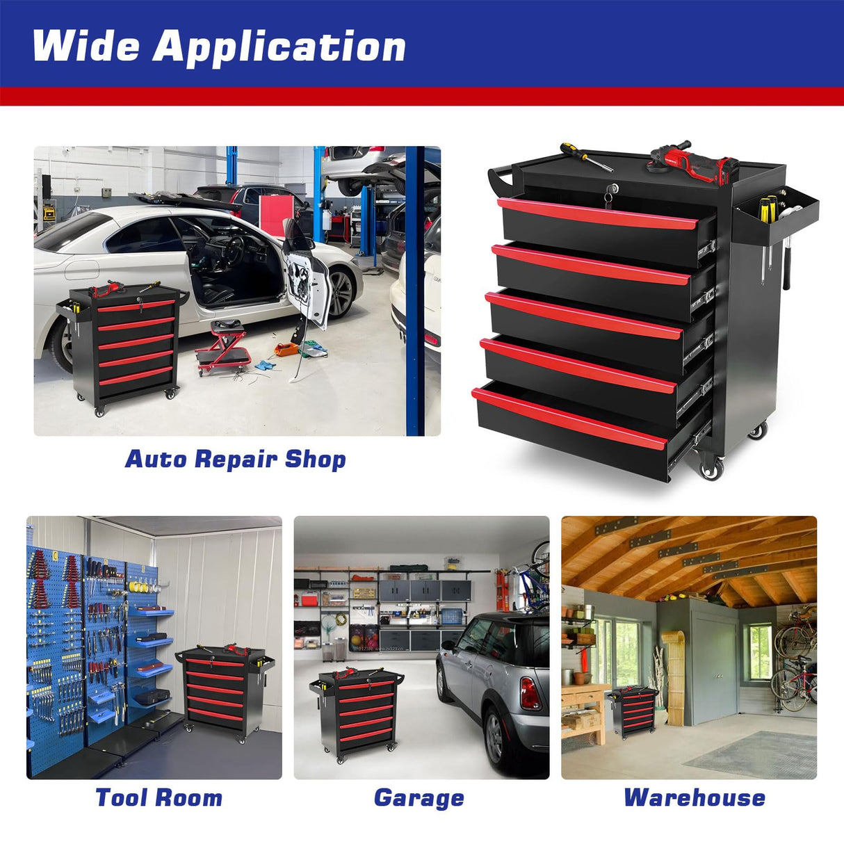 MHEOMTME Rolling Tool Chest with Drawers, Craftsman Tool Box Organizer, Toolbox Cabinet with Keyed Locking System, 5 Drawer Tool Storage Cart on Wheels for Garage, Workshop and Repair Room, Black MHEOMTME