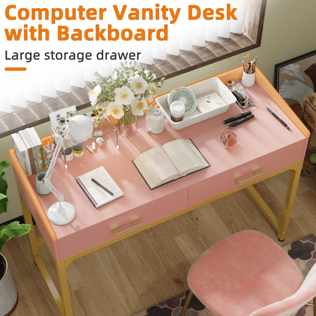 WESTREE Computer Gaming Desk Office - Study Writing Desk with Drawer for Teen, Bedroom Makeup Desk Home Office with Storage Shelf, Height Monitor Stand, Pink WESTREE