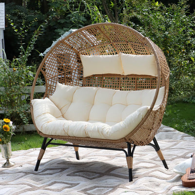 FINCATI Indoor Outdoor Double Egg Chair, 2 Person Oversized Wicker Rattan Stationary Lounge Chair with Legs, 680 lbs Loveseat Boho Egg Basket Chairs for Patio Garden Backyard Living Room Beige