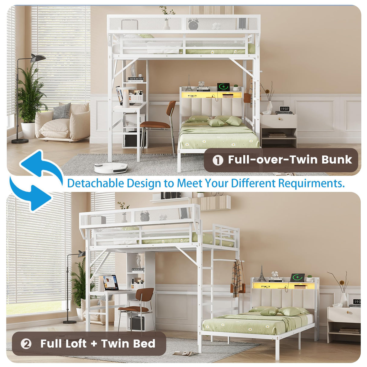 MoproBeti Bunk Bed with Desk,Upper Shelf & Storage Bookshelves,Metal L-Shaped Full Over Twin Bunk Beds with LED & Charge Station,Full Loft Bed w/Ladder,Safety Guardrail for Boys Girls,White MoproBeti