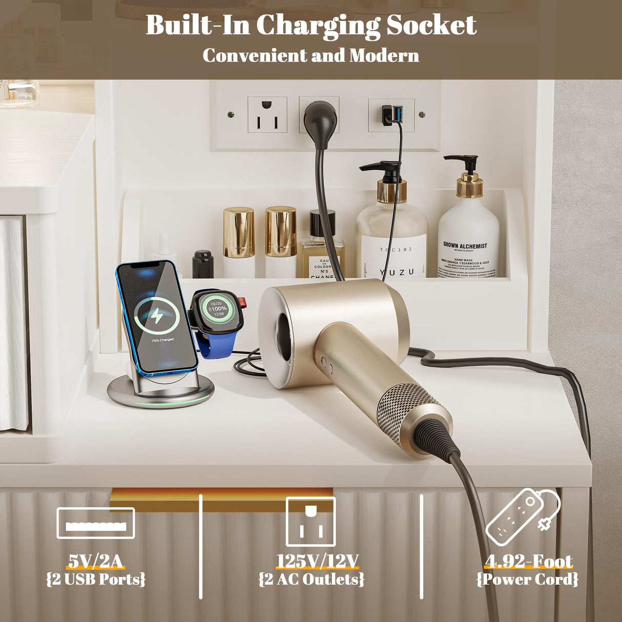 Vanity Desk with Mirror and Lights, Makeup Vanity Desk with Power Outlet, Makeup Desk with 5 Drawers&Storage Shelves, Vanity Table 3 Color Modes Adjustable Brightness Dressing Table Set for Bedroom INNOD