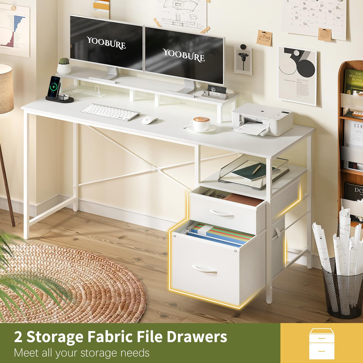 Yoobure White Computer Desk with Drawers, 55.1" Gaming Desk with LED Lights & Power Outlets, Office Desk with Fabric File Cabinets, Gaming Table with Long Monitor Stand, PC Desk with Storage Yoobure