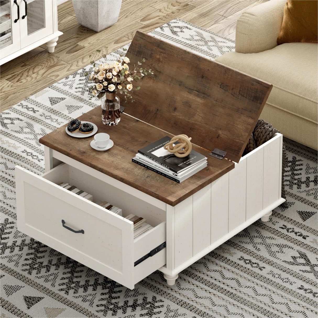 WAMPAT White Coffee Table with Lift Top & Drawer, Square Wood Center Table with Hidden Storage Compartment, Farmhouse Coffee Table for Living Room, 30 Inch WAMPAT