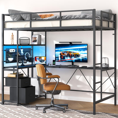 Yoobure Loft Bed Twin Size with L-Shaped Desk, LED Lights Charging Station LED Metal Twin Loft Bed Frame with 2 Storage Drawers, Safety Guard & Ladder for Kid Junior Adult, Heavy Duty, Space-Saving