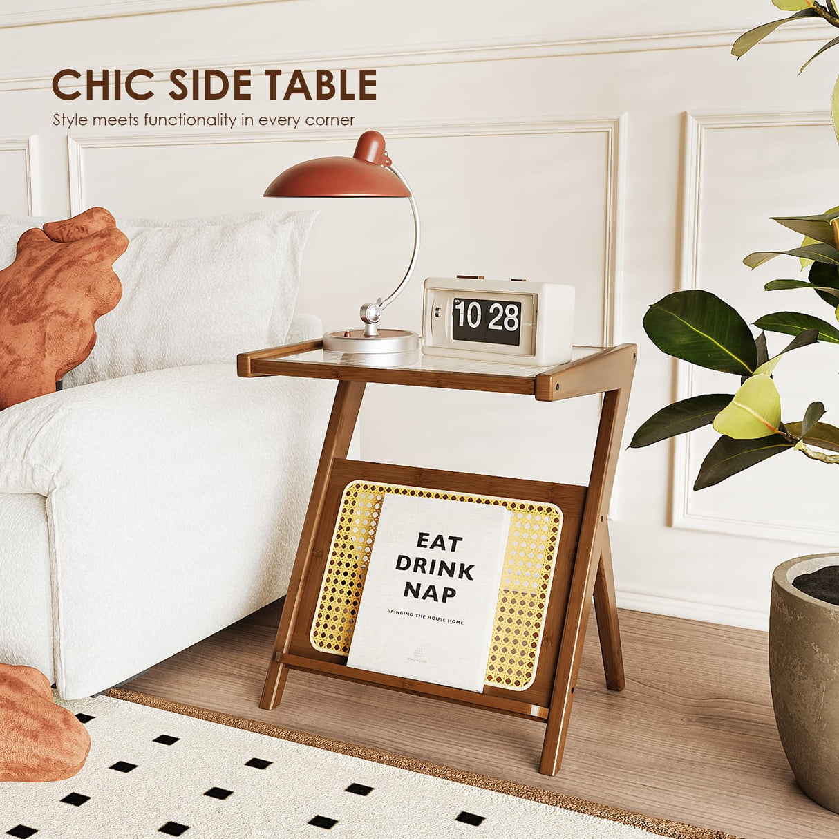 Bamworld Rattan Side Table Boho NightStand Mid Century Modern End Table Glass Bedside Table Small End Tables Bamboo Coffee Table with Storage Record Player Stand for Living Room Bedroom Bamworld