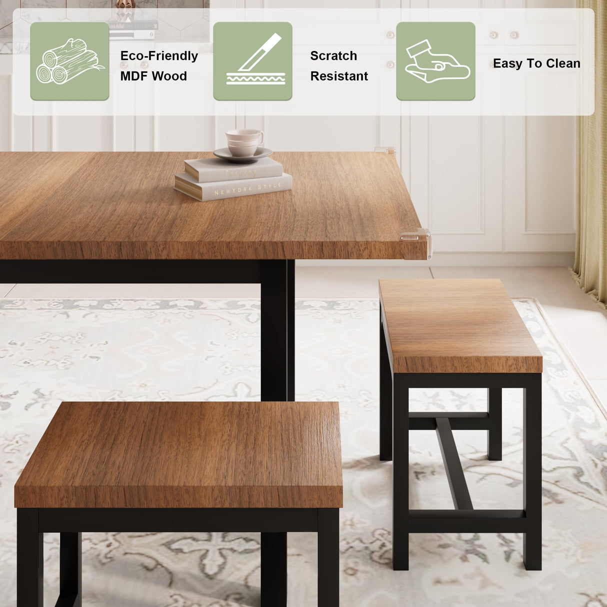 Feonase 7-Piece Dining Table Set with 6 Stools, 63" Large Extendable Kitchen Table Set for 4-8, Mid-Century Dining Room Table with Heavy-Duty Frame & MDF Board, Easy Assembly, Walnut Feonase