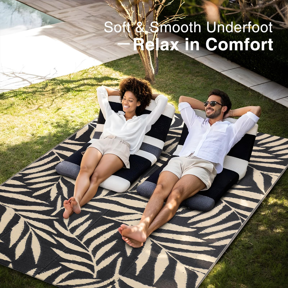 OLANLY Waterproof Outdoor Rug 5x8 ft, Reversible Outdoor Plastic Straw Rug with Leaf Pattern, RV Mat, Indoor Outdoor Carpet for Patio, Camping, Balcony, Deck, Backyard, Black & Beige OLANLY