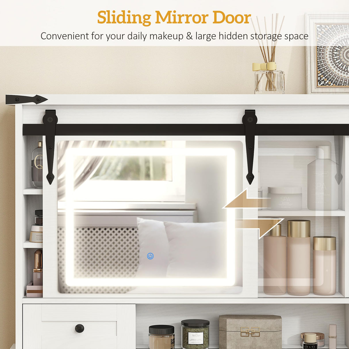 HOMCOM Farmhouse Vanity Desk with Mirror, Rustic Makeup Vanity Table with LED Lights, Cushioned Stool, 42 Inch Glass Tabletop, Drawers & Shelves & Cabinet, Dressing Table Set for Bedroom, White HOMCOM