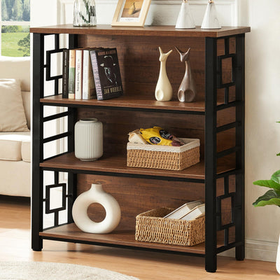 HOMISSUE Book Shelf, 4 Tier Deep Bookshelf with Storage, Engineered Wood and Metal Shelf Bookcase, Low Short Bookcases for Small Space, Living Room, Bedroom, Office, Rustic Brown