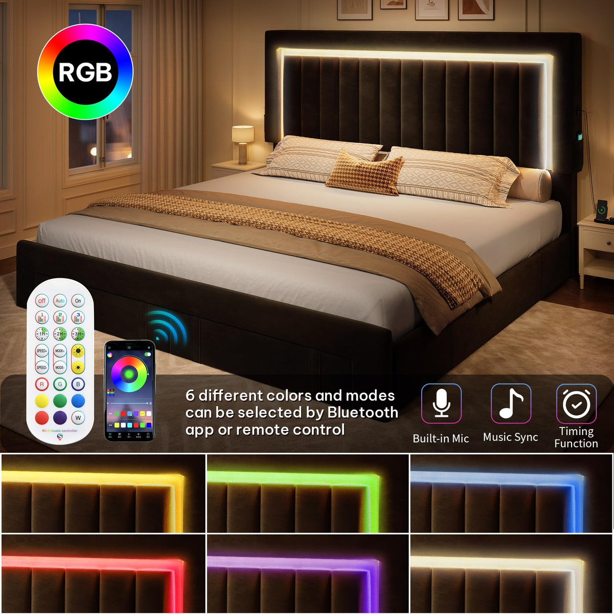 YITAHOME Queen Size Bed Frame with Adjustable Headboard, 4 Storage Drawers and RGB LED Lights, Velvet Upholstered Platform Bed with USB Ports, No Box Spring Needed, Fast Assembly, Noise-Free, Black YITAHOME