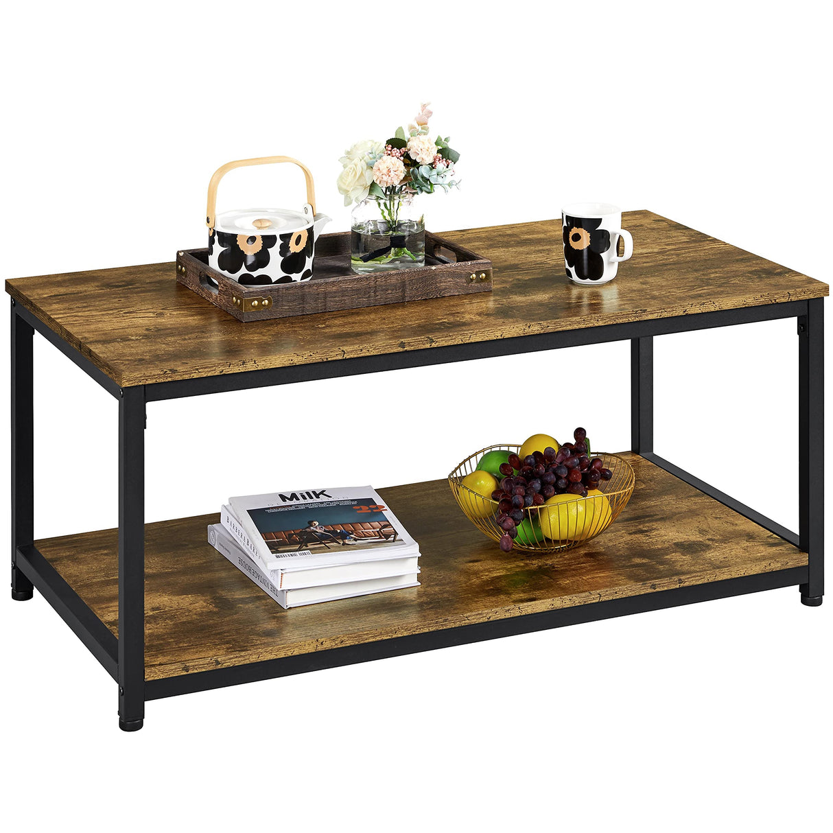 Yaheetech 2-Tier Coffee Table, Industrial Wood Coffee Table with Storage Shelf for Living Room, Rectangle Side End Table with Metal Frame, Rustic Brown Yaheetech