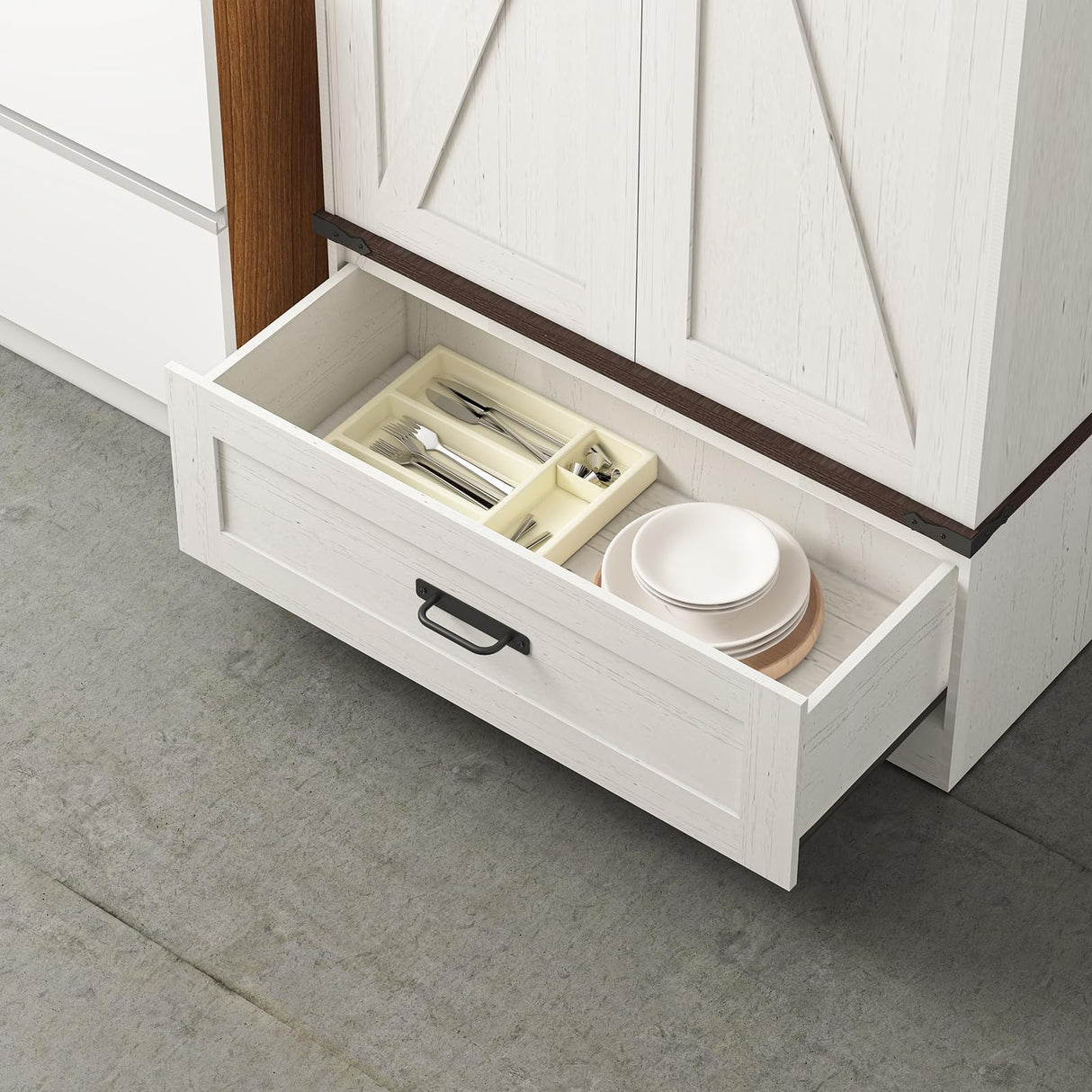 Hlivelood 72" Tall Storage Cabinet with Barn Doors & Drawer, Pantry Cabinet with Adjustable Shelves, Rustic Wood Cupboard for Kitchen, Dining Room, Living Room, White Hlivelood