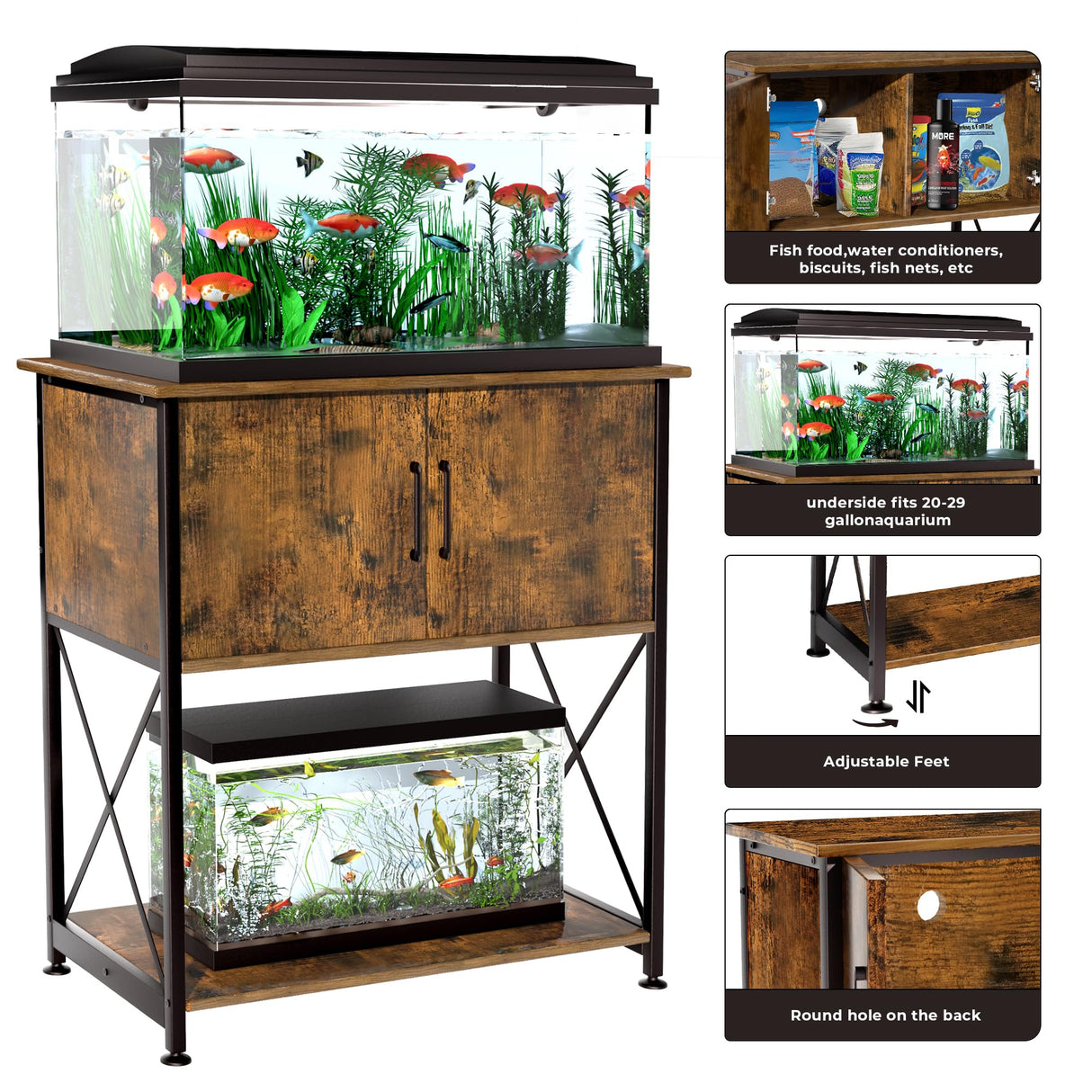 Herture 20-29 Gallon Aquarium Stand Metal Frame Fish Tank Stand with Cabinet Storage, for 20 Gallon Long Aquarium,30.7" L*16.5" W Tabletop,330LBS Capacity Rustic Brown and Black PG01YGN Herture