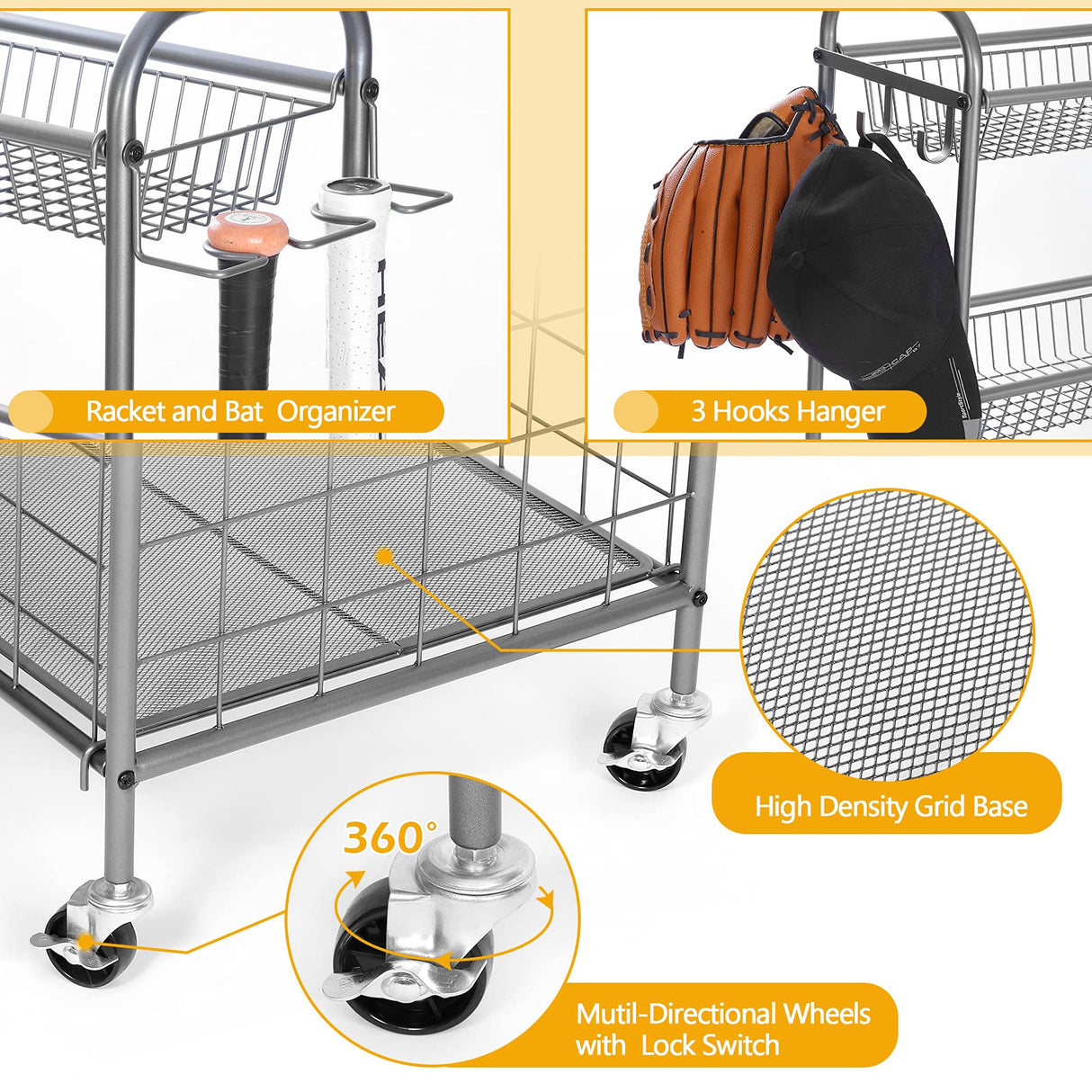 Kinghouse Garage Sports Equipment Organizer, Ball Storage Rack, Toy Storage, Nerf Gun Organization on Wheels for School, Garage, Black, Steel (Grey) Kinghouse