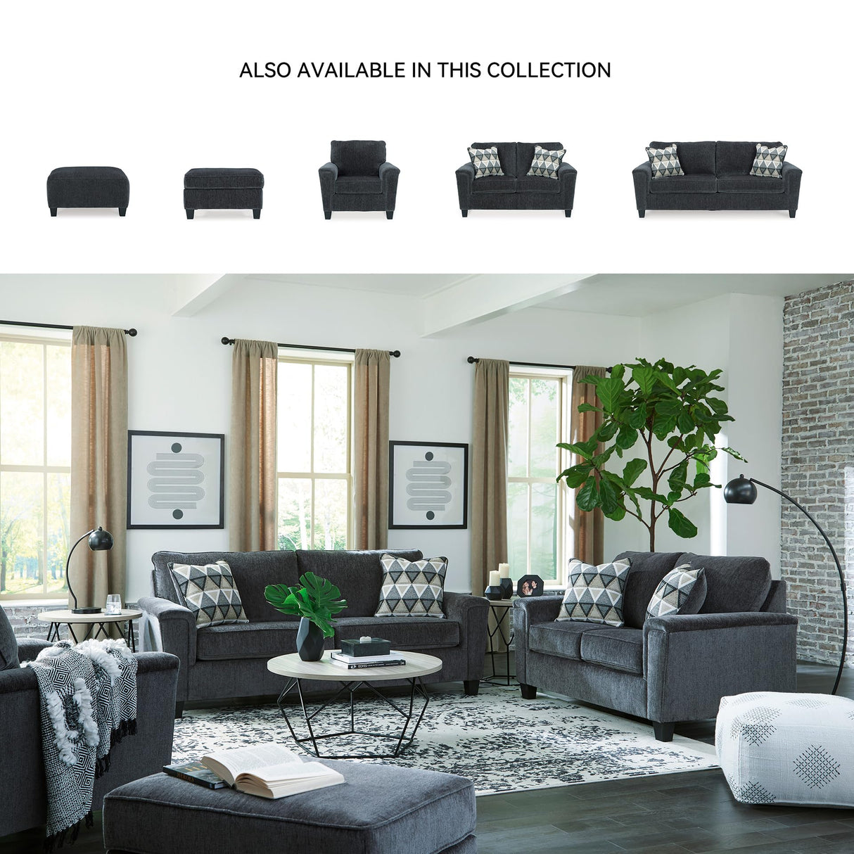 Signature Design by Ashley Abinger Chenille Contemporary Loveseat with 2 Accent Pillows, Dark Gray Signature Design by Ashley