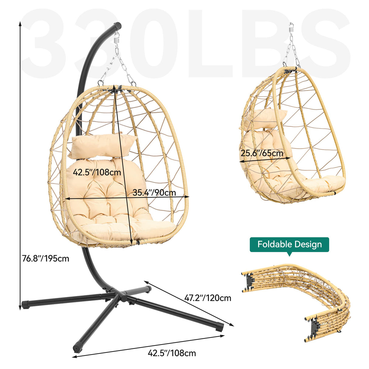 YITAHOME Hanging Egg Chair with Stand Swing Chair Wicker Indoor Outdoor Hammock Egg Chair with Cushions 330lbs for Patio, Bedroom, Garden and Balcony, Single, Beige YITAHOME