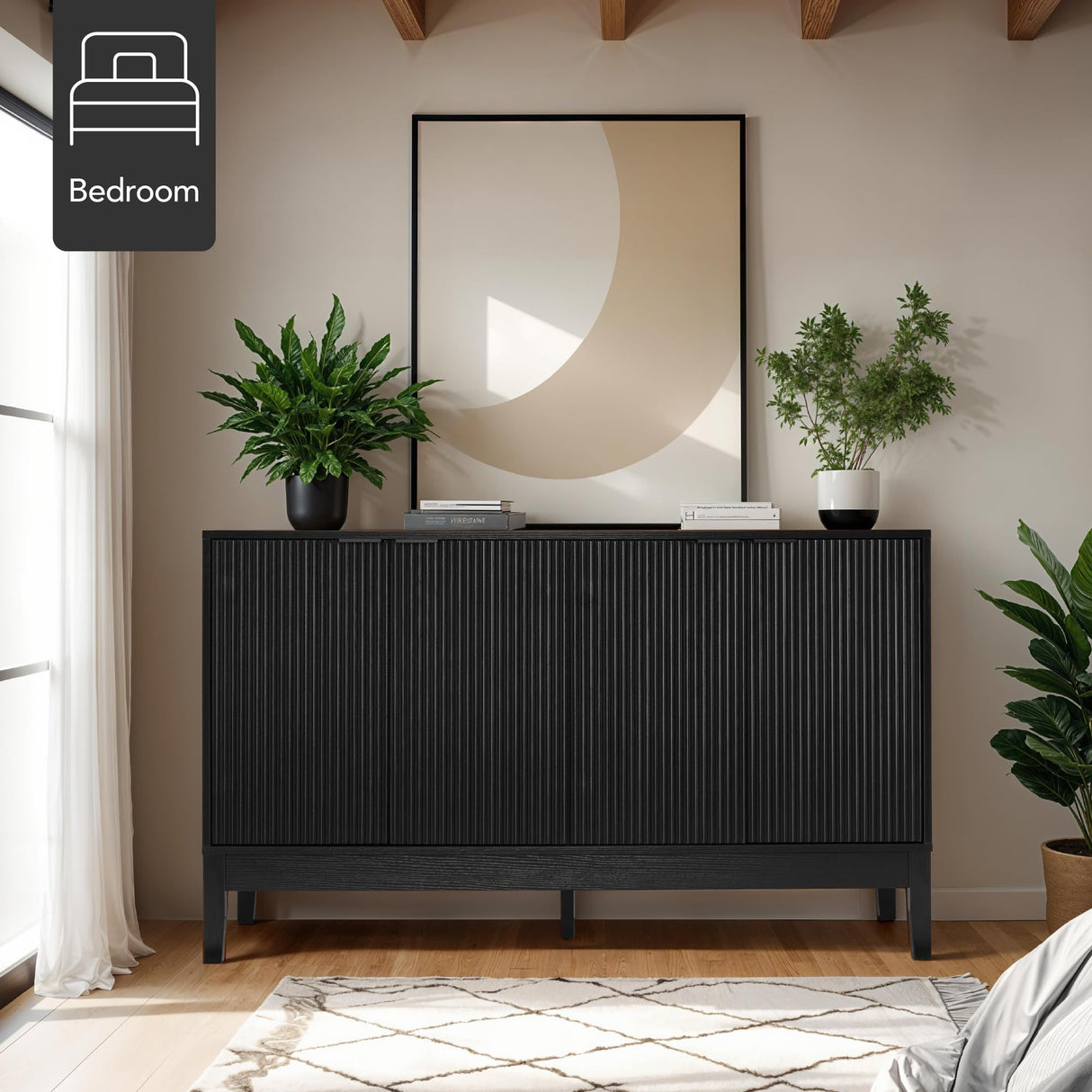 Best Choice Products 55" Modern 4-Door Sideboard Storage Cabinet, Buffet, Media Cabinet, Cupboard, Entryway Accent Table, Bookcase w/Reed Panels and Adjustable Shelves - Black Best Choice Products