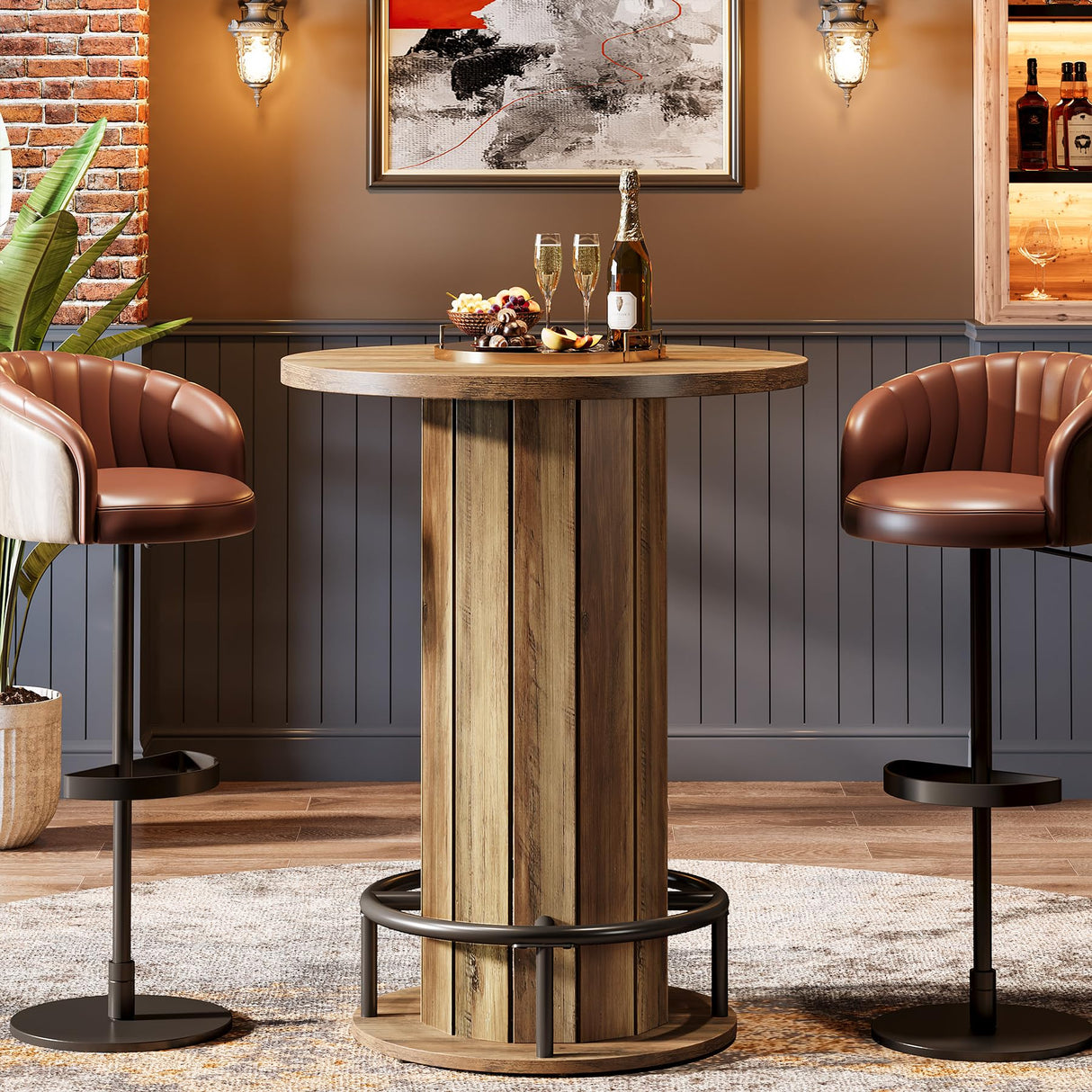 Tribesigns Round Bar Table, 39.4" H Wood Bistro Pub Table with Metal Ring Footrest for Dining Coffee Cocktail Living Room, Small Space, Brown(Only Table) Tribesigns