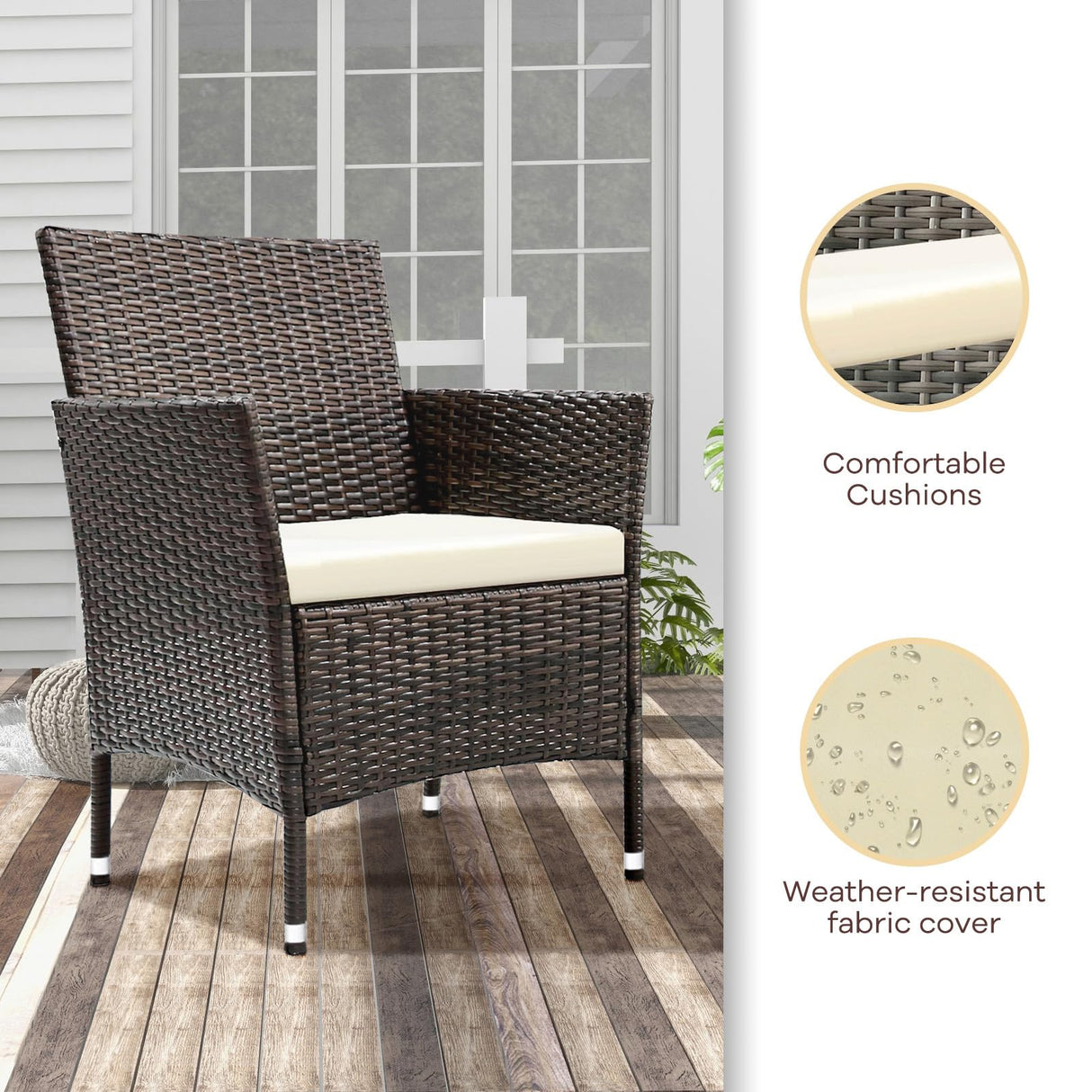TINKLE WELL Outdoor Patio Furniture, 4 Pieces Rattan Chairs Wicker Conversation Set with Tempered Glass Table, Cushion, for Yard, Garden, Poolside, Porch, Bistro, Balcony, Brown and Beige TINKLE WELL