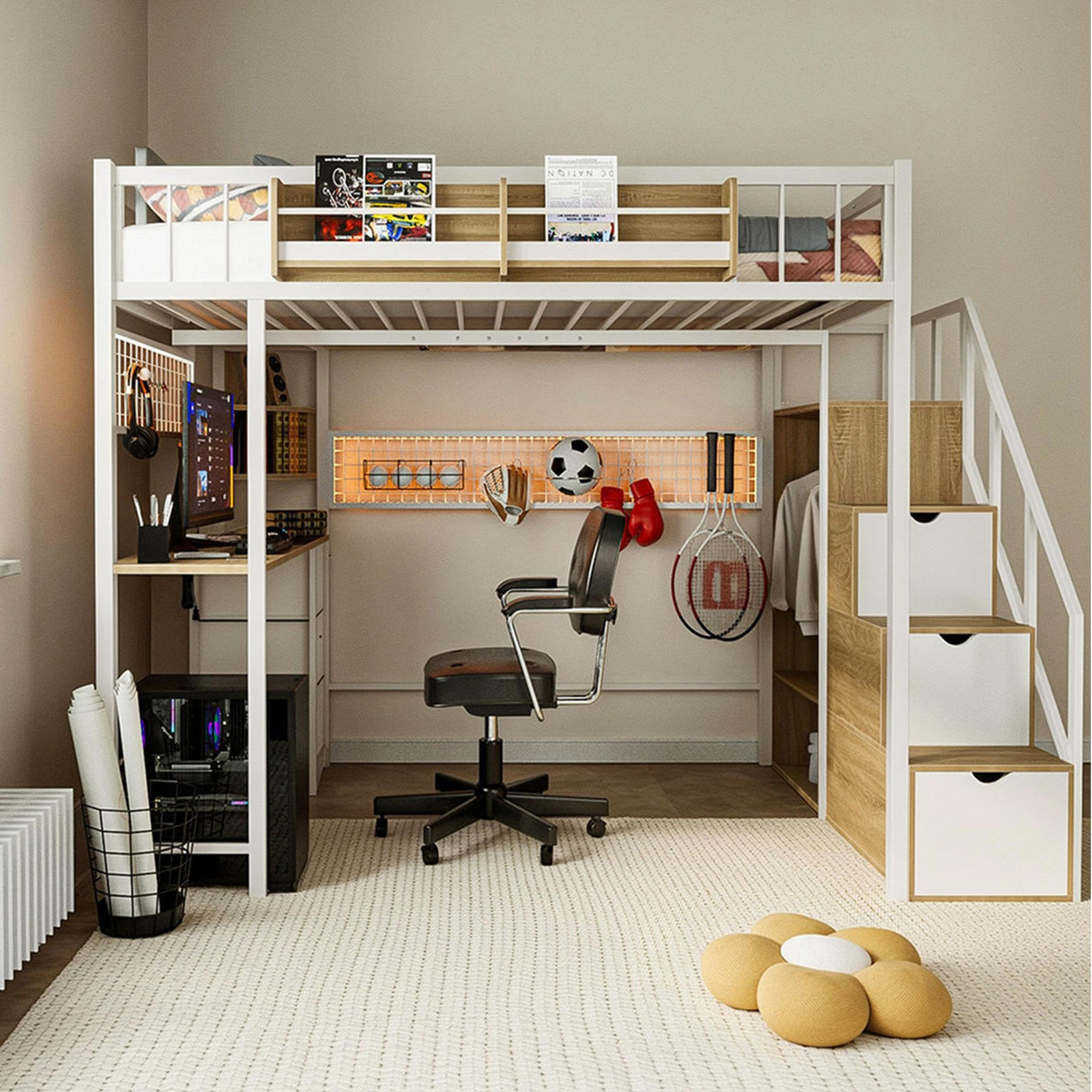 Kikihouse Twin Loft Bed with Desk, Storage Stairs & Wardrobe, Metal Loft Bed Frame w/Headboard, Bedside Shelf, Charging Station & 6 Drawers, LED Gaming Bed for Adult Space-Saving Kikihouse