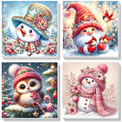 4 Pack Christmas Paint by Number for Kids with Wooden Frame, Paint by Numbers for Kids Xmas Ages 4-8-12, Easy Gnome Snowmen Owl DIY Acrylic Oil Painting Kits for Home Wall Decor (8X8 inch)