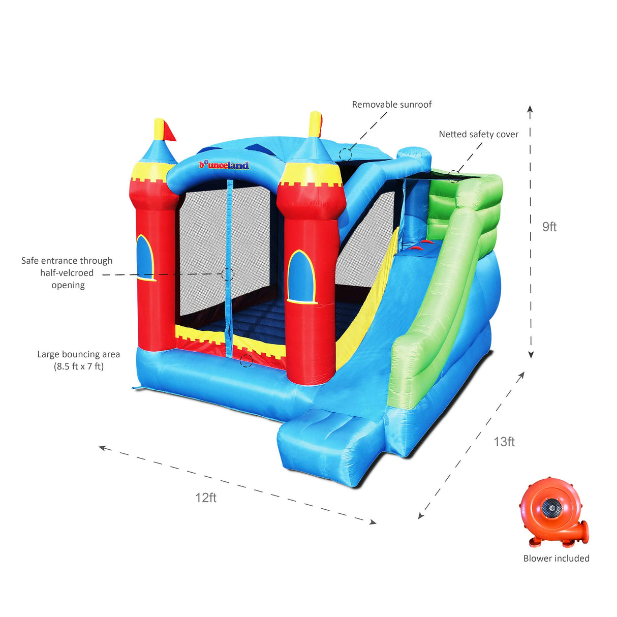Bounceland Royal Palace Inflatable Bounce House, with Long Slide, Large Bouncing Area, Basketball Hoop and Sun Roof, 13 ft x 12 ft x 9 ft H, UL Strong Certified Blower, Castle Kids Party Theme Bounceland